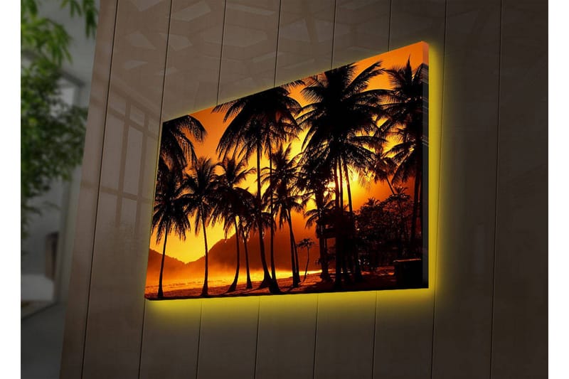 Lærredstryk med LED-belysning 45x70 cm - Tropisk solnedgang med palmer i silhuet, Orange / Sort
