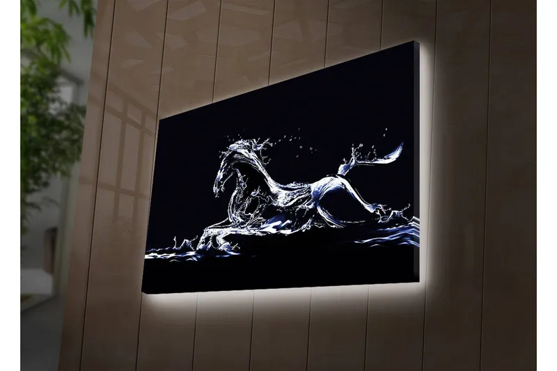 Lærredstryk med LED-belysning 45x70 cm - Vandhest i dynamisk bevægelse - Blå / Hvid / Sort - Boligtilbehør - Billeder & kunst - Billeder på lærred