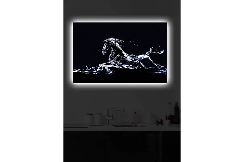 Lærredstryk med LED-belysning 45x70 cm - Vandhest i dynamisk bevægelse - Blå / Hvid / Sort - Boligtilbehør - Billeder & kunst - Billeder på lærred