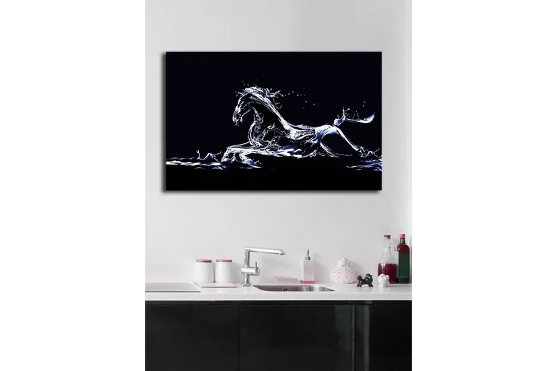 Lærredstryk med LED-belysning 45x70 cm - Vandhest i dynamisk bevægelse - Blå / Hvid / Sort - Boligtilbehør - Billeder & kunst - Billeder på lærred