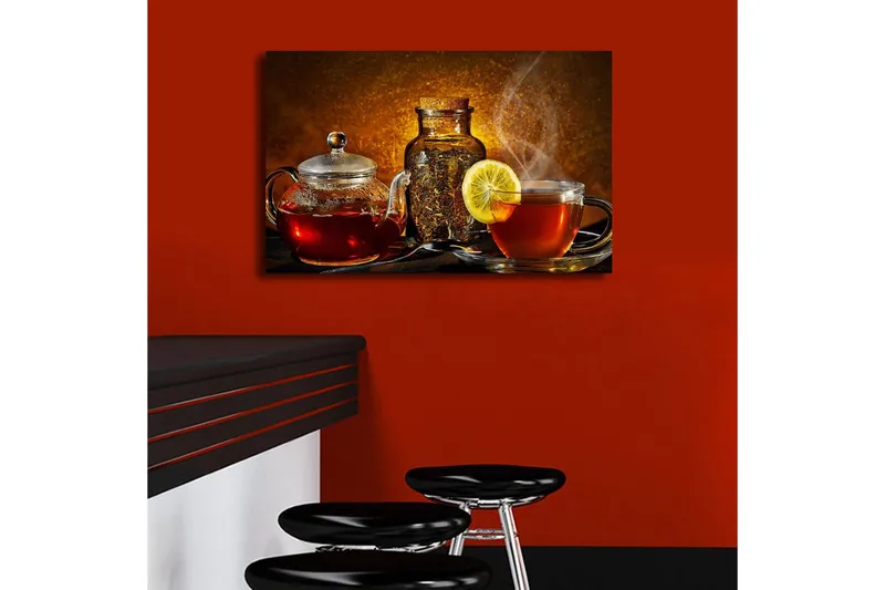 Lærredstryk med LED-belysning 45x70 cm - Varmt og indbydende tesæt med citronskive - Rød / Brun / Gul - Boligtilbehør - Billeder & kunst - Billeder på lærred