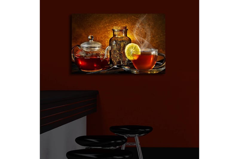 Lærredstryk med LED-belysning 45x70 cm - Varmt og indbydende tesæt med citronskive - Rød / Brun / Gul - Boligtilbehør - Billeder & kunst - Billeder på lærred