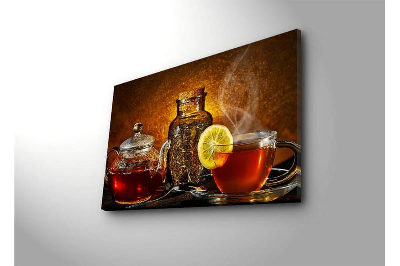 Lærredstryk med LED-belysning 45x70 cm - Varmt og indbydende tesæt med citronskive - Rød / Brun / Gul - Boligtilbehør - Billeder & kunst - Billeder på lærred