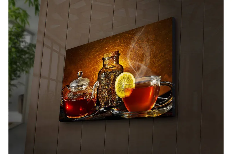 Lærredstryk med LED-belysning 45x70 cm - Varmt og indbydende tesæt med citronskive, Rød / Brun / Gul