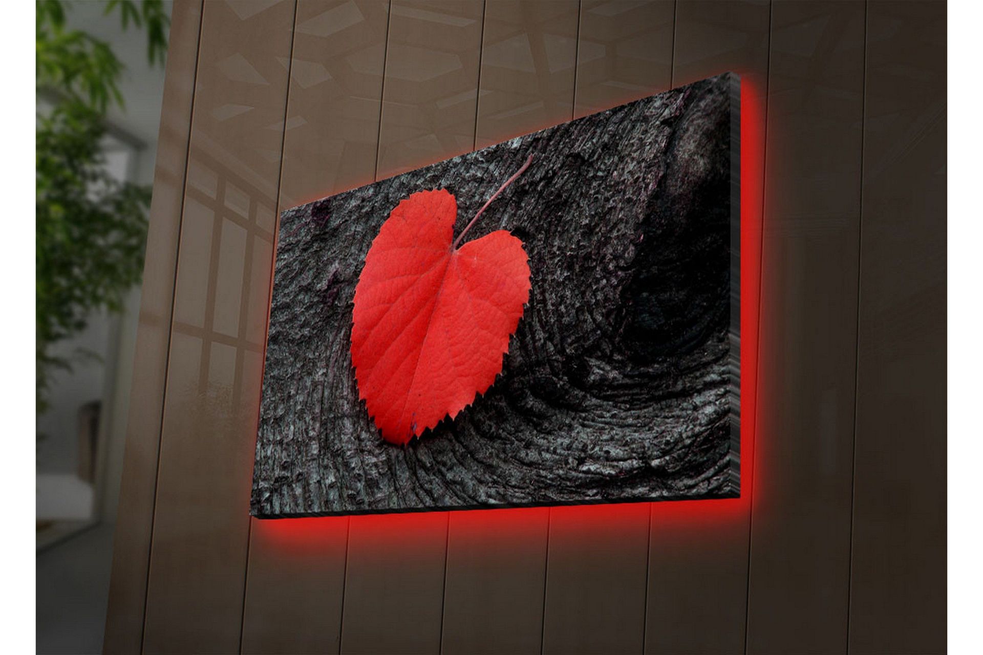 Lærredstryk med LED-belysning 50x70 cm - Røde hjerteformede blade på en ...