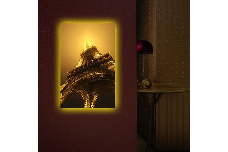 Lærredstryk med LED-belysning 70x45 cm - Eiffeltårnet oplyst i tåge - Guld / Sort / Grå - Boligtilbehør - Billeder & kunst - Billeder på lærred