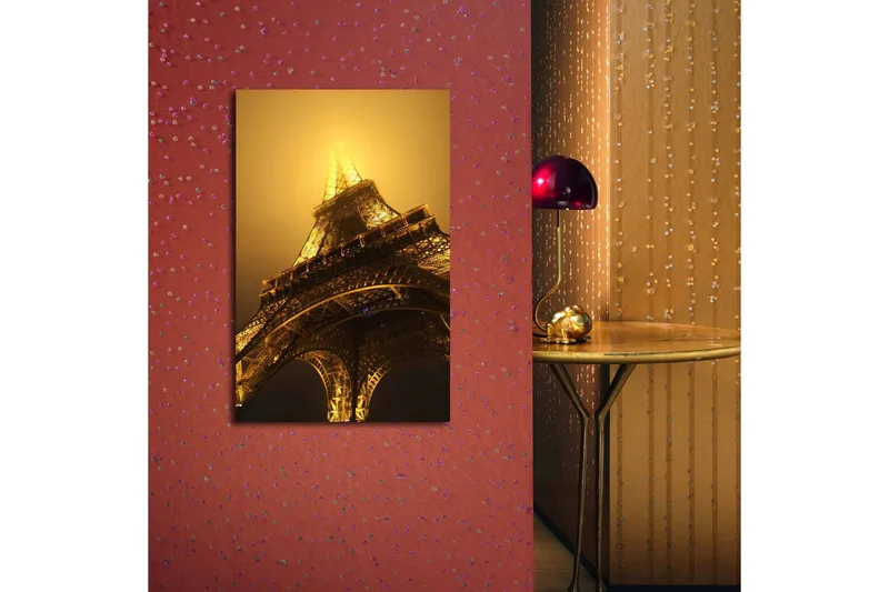 Lærredstryk med LED-belysning 70x45 cm - Eiffeltårnet oplyst i tåge - Guld / Sort / Grå - Boligtilbehør - Billeder & kunst - Billeder på lærred