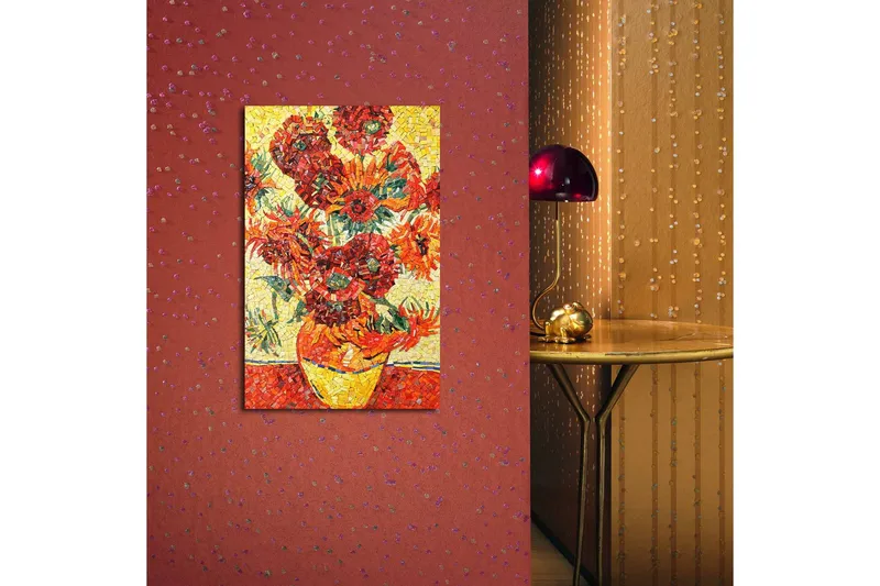 Lærredstryk med LED-belysning 70x45 cm - Farverig buket solsikker i vase - Rød / Gul / Grøn - Boligtilbehør - Billeder & kunst - Billeder på lærred