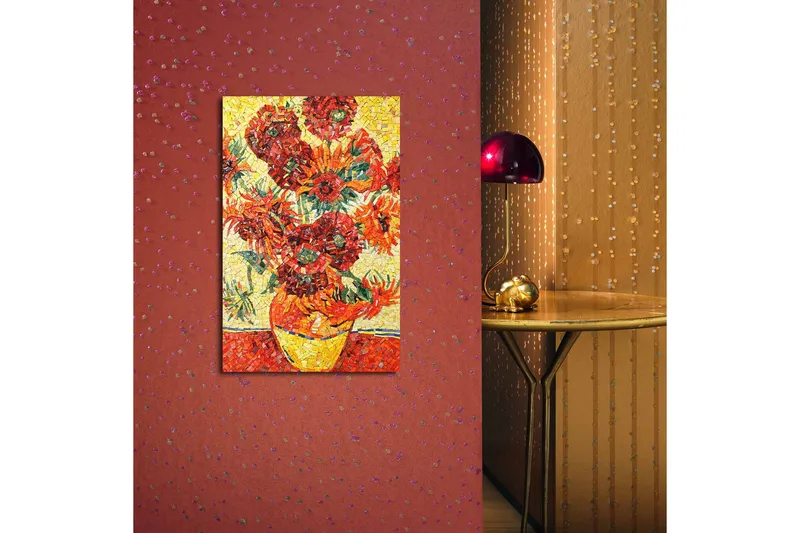 Lærredstryk med LED-belysning 70x45 cm - Farverig buket solsikker i vase - Rød / Gul / Grøn - Boligtilbehør - Billeder & kunst - Billeder på lærred