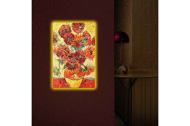 Lærredstryk med LED-belysning 70x45 cm - Farverig buket solsikker i vase - Rød / Gul / Grøn - Boligtilbehør - Billeder & kunst - Billeder på lærred