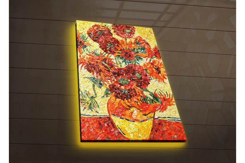 Lærredstryk med LED-belysning 70x45 cm - Farverig buket solsikker i vase - Rød / Gul / Grøn - Boligtilbehør - Billeder & kunst - Billeder på lærred
