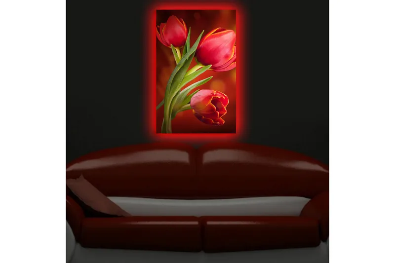 Lærredstryk med LED-belysning 70x45 cm - Farverige tulipaner i en levende komposition - Rød / Grøn / Orange - Boligtilbehør - Billeder & kunst - Billeder på lærred
