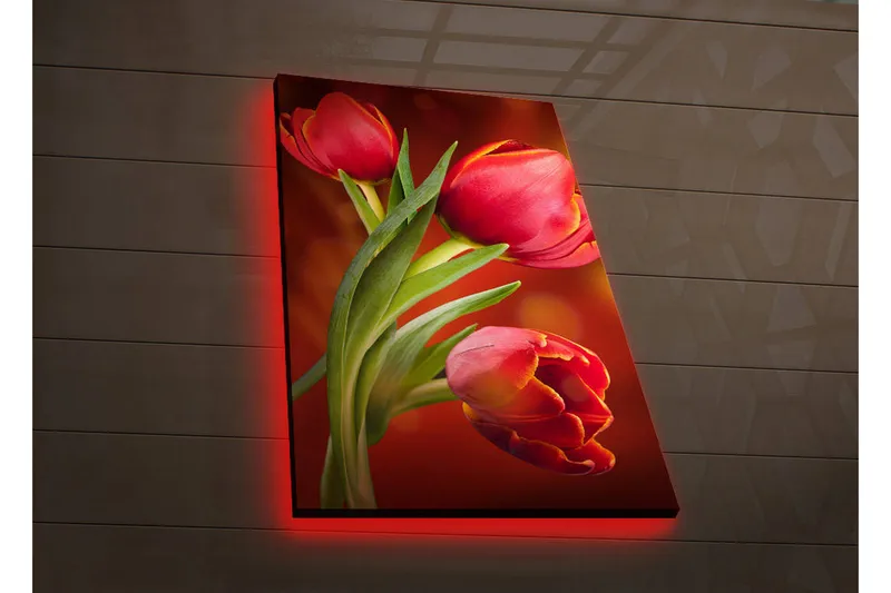 Lærredstryk med LED-belysning 70x45 cm - Farverige tulipaner i en levende komposition - Rød / Grøn / Orange - Boligtilbehør - Billeder & kunst - Billeder på lærred
