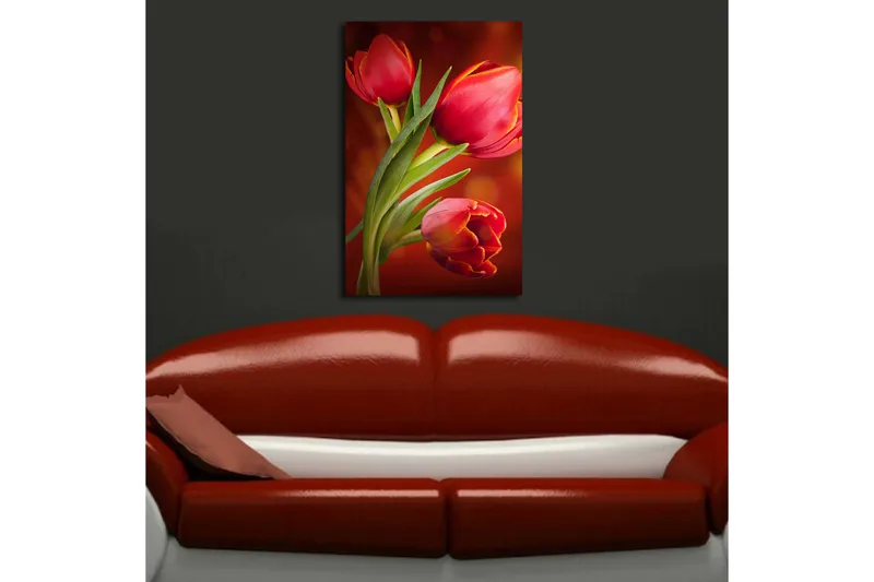 Lærredstryk med LED-belysning 70x45 cm - Farverige tulipaner i en levende komposition - Rød / Grøn / Orange - Boligtilbehør - Billeder & kunst - Billeder på lærred