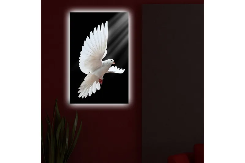 Lærredstryk med LED-belysning 70x45 cm - Hvid due i flugt med udstrakte vinger - Hvid / Sort - Boligtilbehør - Billeder & kunst - Billeder på lærred
