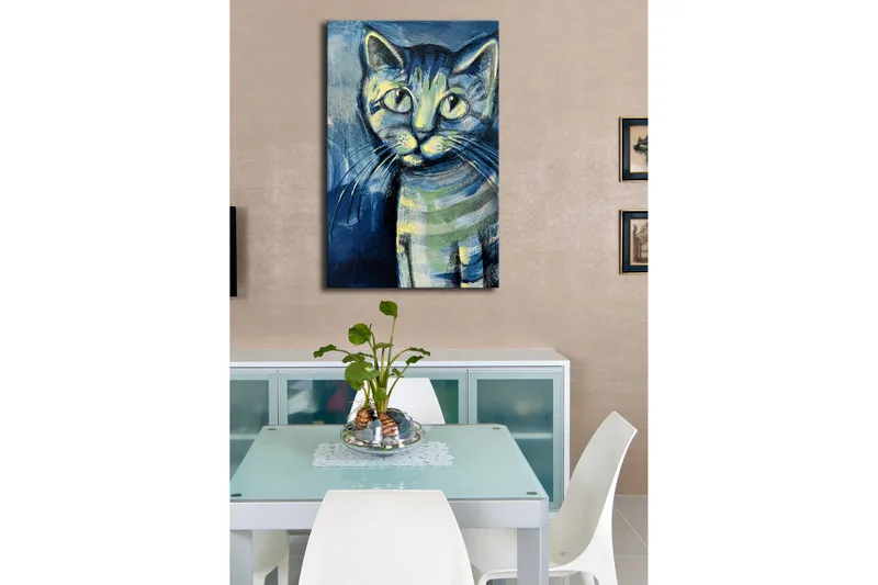 Lærredstryk med LED-belysning 70x45 cm - Katteportræt med udtryksfulde øjne - Blå / Grøn / Sort - Boligtilbehør - Billeder & kunst - Billeder på lærred