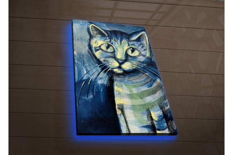 Lærredstryk med LED-belysning 70x45 cm - Katteportræt med udtryksfulde øjne - Blå / Grøn / Sort - Boligtilbehør - Billeder & kunst - Billeder på lærred