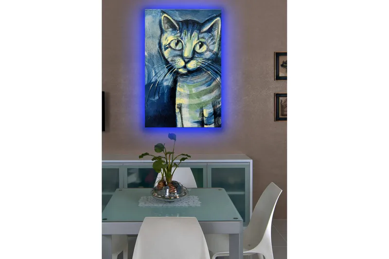 Lærredstryk med LED-belysning 70x45 cm - Katteportræt med udtryksfulde øjne - Blå / Grøn / Sort - Boligtilbehør - Billeder & kunst - Billeder på lærred