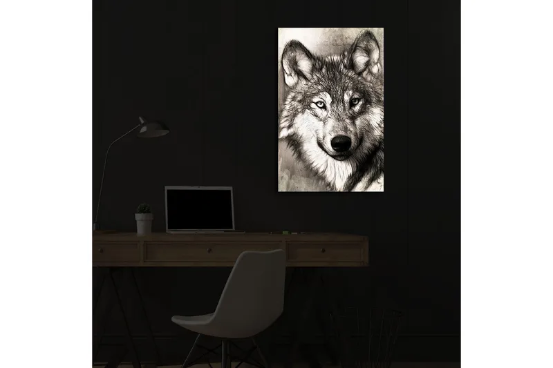 Lærredstryk med LED-belysning 70x45 cm - Portræt af en ulv med udtryksfulde detaljer - Sort / Grå / Hvid - Boligtilbehør - Billeder & kunst - Billeder på lærred