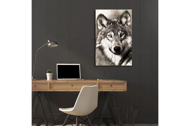 Lærredstryk med LED-belysning 70x45 cm - Portræt af en ulv med udtryksfulde detaljer - Sort / Grå / Hvid - Boligtilbehør - Billeder & kunst - Billeder på lærred