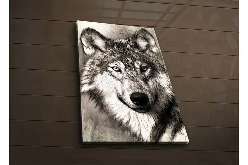 Lærredstryk med LED-belysning 70x45 cm - Portræt af en ulv med udtryksfulde detaljer - Sort / Grå / Hvid - Boligtilbehør - Billeder & kunst - Billeder på lærred