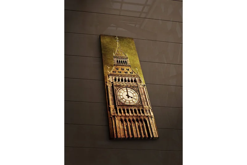 Lærredstryk med LED-belysning 90x30 cm - Storslået klokketårn med detaljeret arkitektur, Guld / Brun / Beige