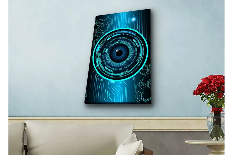 Lærredstryk med LED-belysning - Abstrakt komposition med cirkulære mønstre og teknologiske elementer - Mørkeblå / Turkis / Sort - Boligtilbehør - Billeder & kunst - Billeder på lærred