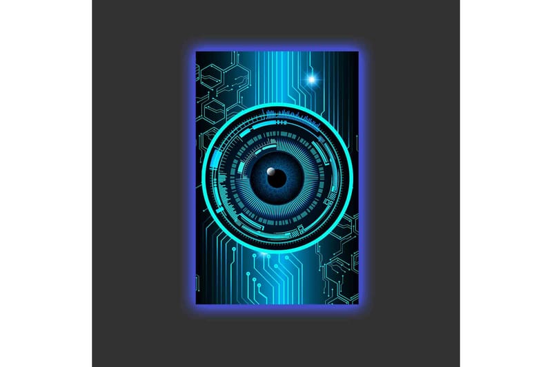 Lærredstryk med LED-belysning - Abstrakt komposition med cirkulære mønstre og teknologiske elementer - Mørkeblå / Turkis / Sort - Boligtilbehør - Billeder & kunst - Billeder på lærred