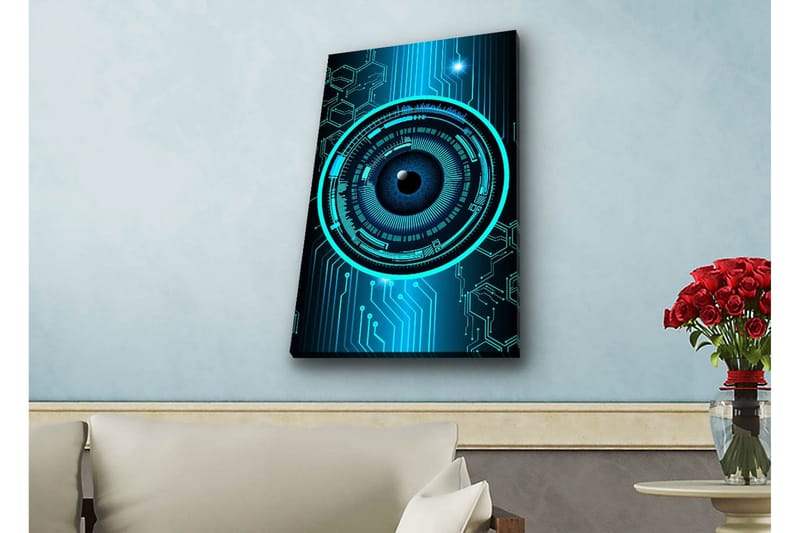Lærredstryk med LED-belysning - Abstrakt komposition med cirkulære mønstre og teknologiske elementer - Mørkeblå / Turkis / Sort - Boligtilbehør - Billeder & kunst - Billeder på lærred