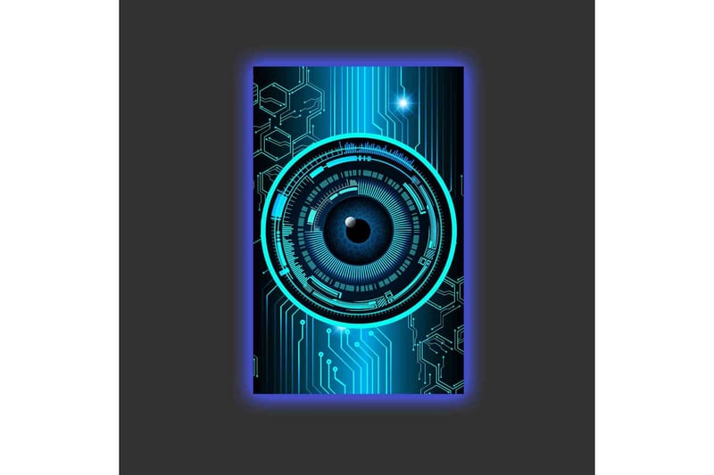 Lærredstryk med LED-belysning - Abstrakt komposition med cirkulære mønstre og teknologiske elementer - Mørkeblå / Turkis / Sort - Boligtilbehør - Billeder & kunst - Billeder på lærred