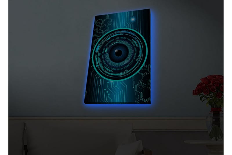 Lærredstryk med LED-belysning - Abstrakt komposition med cirkulære mønstre og teknologiske elementer, Mørkeblå / Turkis / Sort