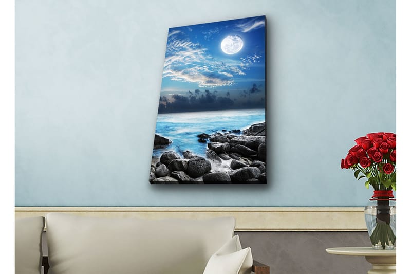 Lærredstryk med LED-belysning - Atmosfærisk havlandskab med måne og klipper - Blå / Grå / Hvid - Boligtilbehør - Billeder & kunst - Billeder på lærred