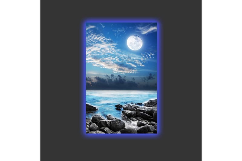 Lærredstryk med LED-belysning - Atmosfærisk havlandskab med måne og klipper - Blå / Grå / Hvid - Boligtilbehør - Billeder & kunst - Billeder på lærred