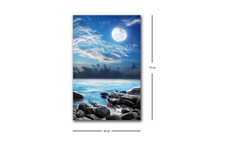 Lærredstryk med LED-belysning - Atmosfærisk havlandskab med måne og klipper - Blå / Grå / Hvid - Boligtilbehør - Billeder & kunst - Billeder på lærred