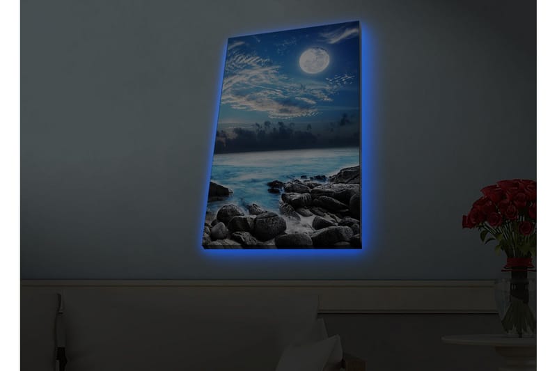 Lærredstryk med LED-belysning - Atmosfærisk havlandskab med måne og klipper, Blå / Grå / Hvid
