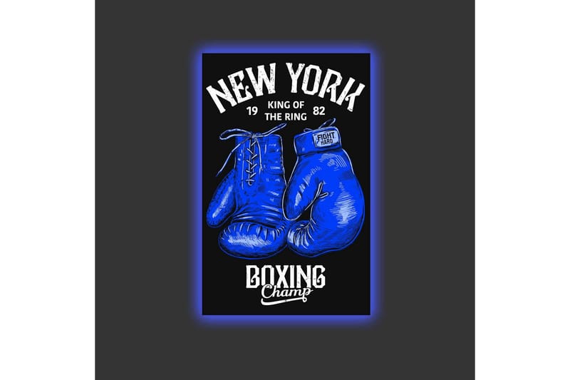 Lærredstryk med LED-belysning - Boksehandsker med tekst og grafiske detaljer - Blå / Sort - Boligtilbehør - Billeder & kunst - Billeder på lærred