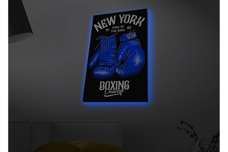 Lærredstryk med LED-belysning - Boksehandsker med tekst og grafiske detaljer, Blå / Sort