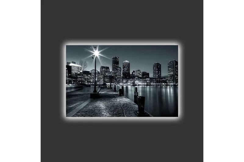 Lærredstryk med LED-belysning - Bybillede i sort-hvid med refleksioner i vandet - Sort / Grå - Boligtilbehør - Billeder & kunst - Billeder på lærred