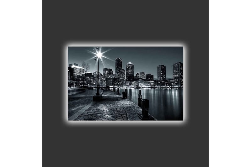 Lærredstryk med LED-belysning - Bybillede i sort-hvid med refleksioner i vandet - Sort / Grå - Boligtilbehør - Billeder & kunst - Billeder på lærred