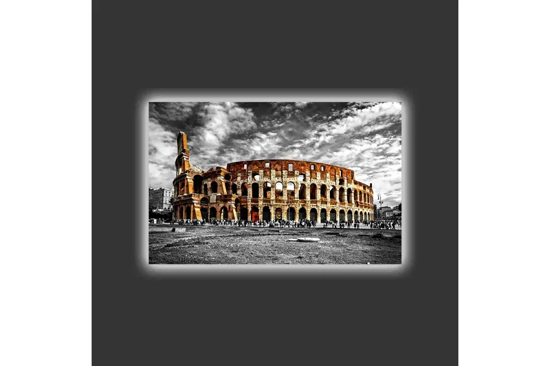 Lærredstryk med LED-belysning - Colosseum i sort-hvid med strejf af orange og rødt - Sort / Orange / Rød - Boligtilbehør - Billeder & kunst - Billeder på lærred