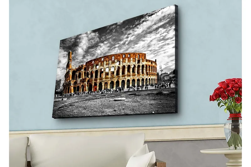 Lærredstryk med LED-belysning - Colosseum i sort-hvid med strejf af orange og rødt, Sort / Orange / Rød