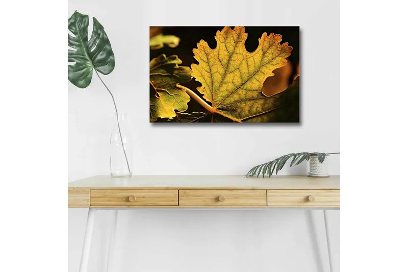 Lærredstryk med LED-belysning - Detaljeret komposition af grønne og gyldne blade, Grøn / Gylden