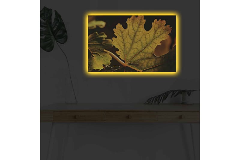 Lærredstryk med LED-belysning - Detaljeret komposition af grønne og gyldne blade - Grøn / Gylden - Boligtilbehør - Billeder & kunst - Billeder på lærred