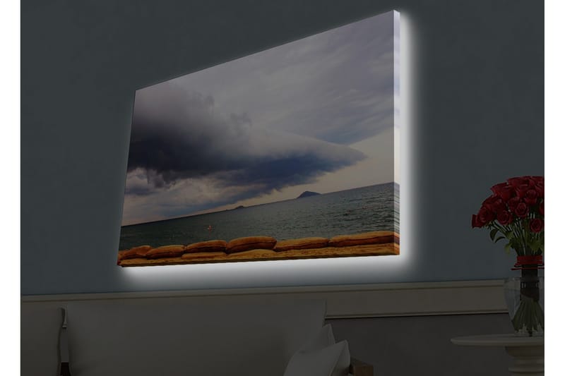 Lærredstryk med LED-belysning - Dramatisk havlandskab med mørke skyer og roligt vand, Mørkeblå / Grå / Beige