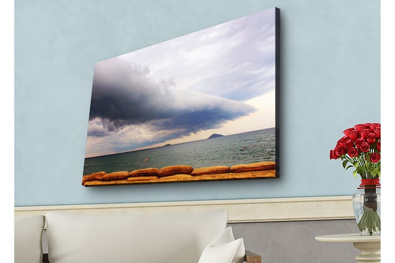 Lærredstryk med LED-belysning - Dramatisk havlandskab med mørke skyer og roligt vand - Mørkeblå / Grå / Beige - Boligtilbehør - Billeder & kunst - Billeder på lærred