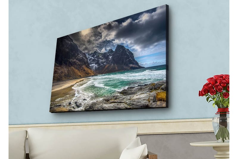 Lærredstryk med LED-belysning - Dramatiske bjerge med sne og en turkisblå kyst - Mørkegrå / Turkis / Beige - Boligtilbehør - Billeder & kunst - Billeder på lærred