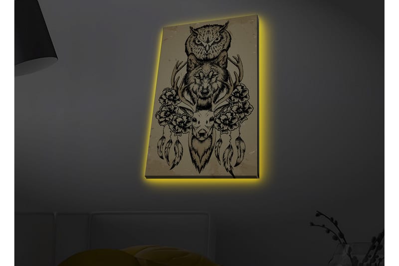 Lærredstryk med LED-belysning - Dyrekomposition med ugle, ulv og hjort omgivet af blomster og fjer - Sort / Beige - Boligtilbehør - Billeder & kunst - Billeder på lærred