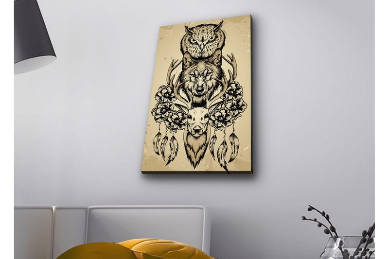 Lærredstryk med LED-belysning - Dyrekomposition med ugle, ulv og hjort omgivet af blomster og fjer, Sort / Beige