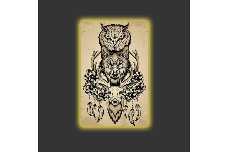 Lærredstryk med LED-belysning - Dyrekomposition med ugle, ulv og hjort omgivet af blomster og fjer - Sort / Beige - Boligtilbehør - Billeder & kunst - Billeder på lærred