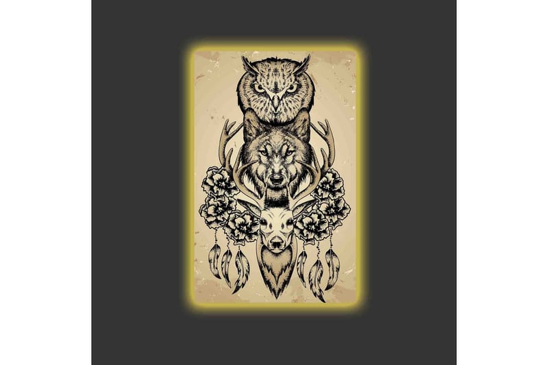 Lærredstryk med LED-belysning - Dyrekomposition med ugle, ulv og hjort omgivet af blomster og fjer - Sort / Beige - Boligtilbehør - Billeder & kunst - Billeder på lærred